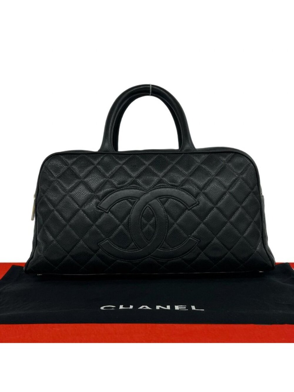 Chanel Quilted CC Logo Caviar Leather Mini Boston Bag Black